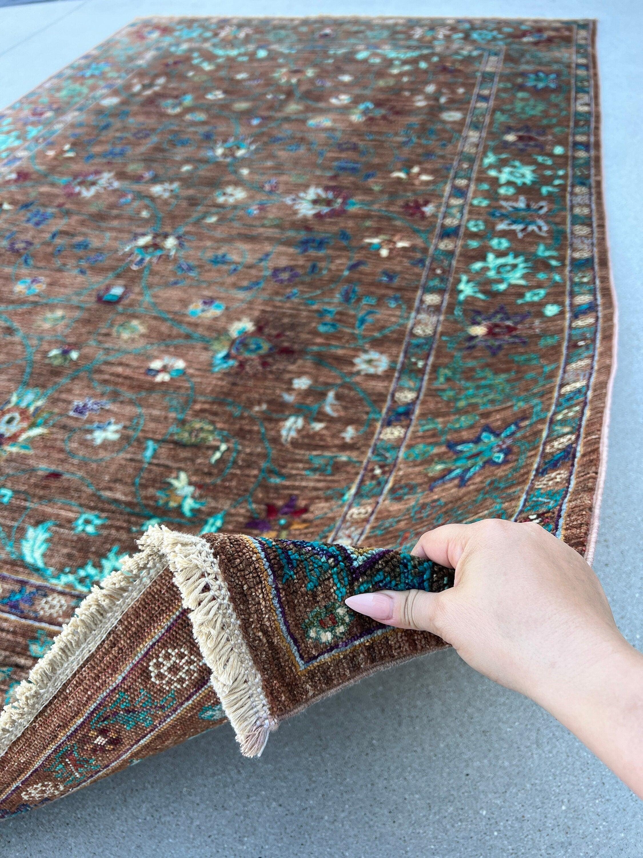 6x8 Handmade Afghan Rug | Brown Turquoise Teal Purple Blue Olive Green Red Orange Ivory | Hand Knotted Persian Bohemian Boho Oushak Serapi