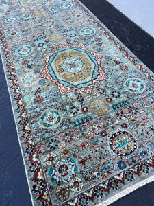 3x8 (90x245) Handmade Afghan Rug Runner | Grey Turquoise Golden Yellow Ivory Beige Orange Blue | Tribal Oriental Hand Knotted Persian Oushak