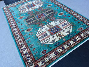 5x7 Handmade Afghan Rug | Teal Turquoise Brown Blue Ivory Cream Pine Green | Wool Boho Persian Turkish Oushak Hand Knotted Bohemian Serapi