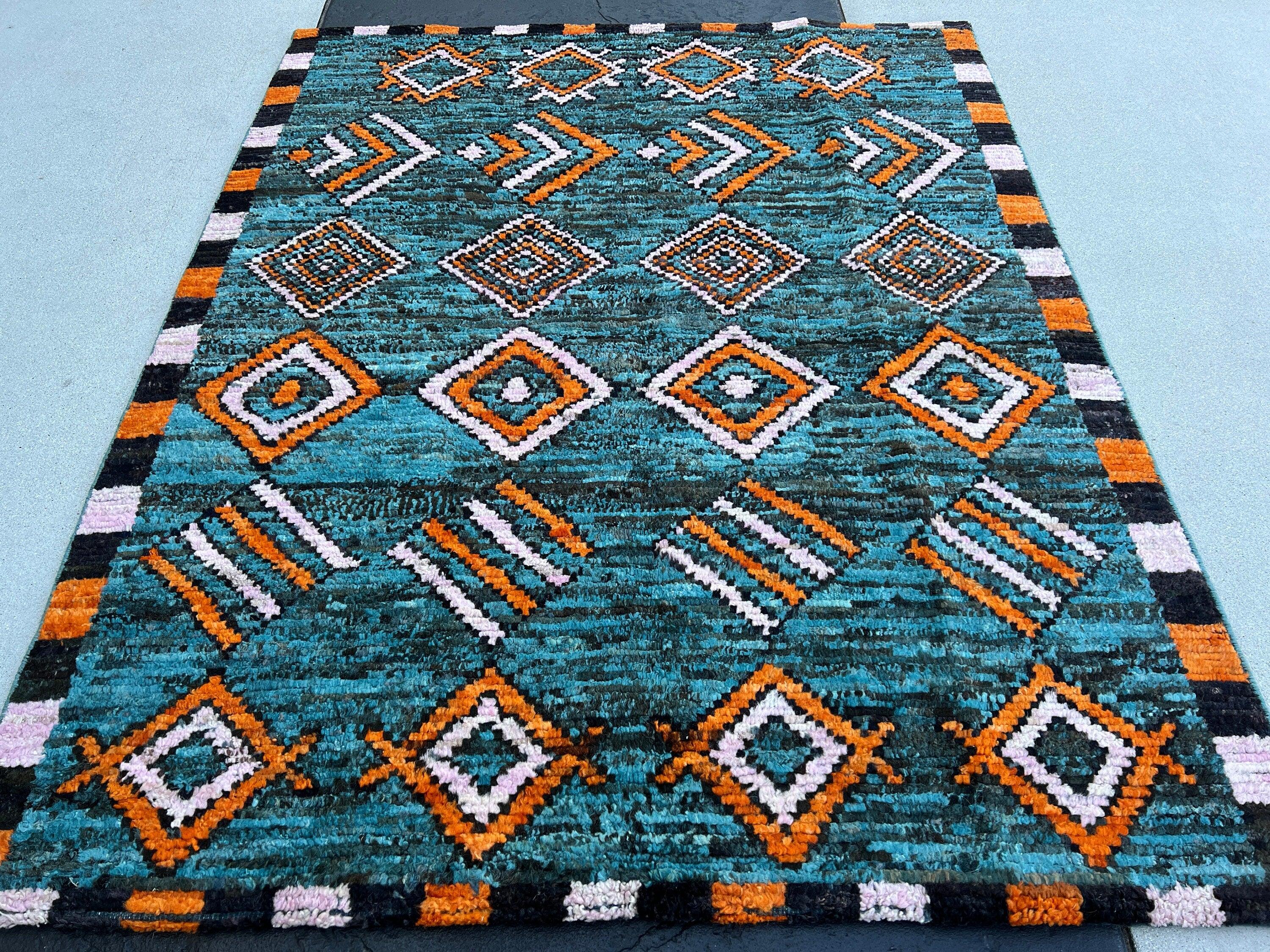 5x6 Handmade Afghan Moroccan Rug | Teal Turquoise Black Grey Brown Orange Blush Pink | Berber Beni Plush Turkish Oushak Ourain Mrirt Tufted