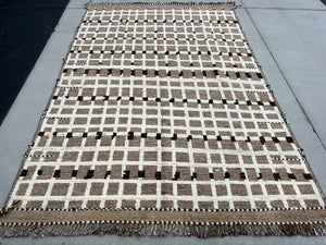 6x10 - 7x10 Handmade Afghan Moroccan Rug | Brown Beige Ivory Grey | Berber Beni Plush Turkish Wool Oushak Ourain Woolen Contemporary Boho