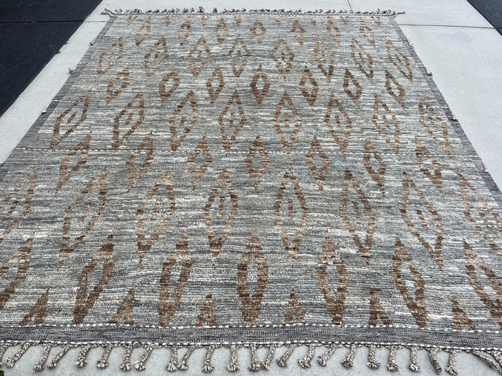 8x11 Handmade Afghan Moroccan Rug | Neutral Grey Gray Brown Ivory White | Berber Beni Plush Ourain Mrirt Turkish Wool Oushak Bohemian Woolen