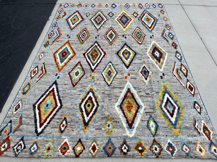 6x9 - 7x9 Handmade Afghan Moroccan Rug | Grey Sky Navy Blue Olive Green Tan Chocolate Caramel Brown Yellow Ivory White | Berber Beni Plush