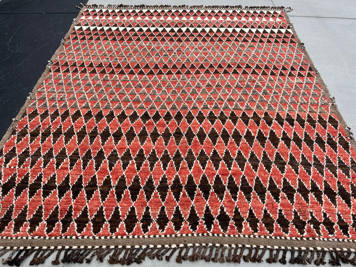 8x10 Handmade Afghan Moroccan Rug | Brick Red Rust Mocha Chocolate Brown Ivory Cream White | Berber Beni Turkish Wool Oushak Ourain Bohemian