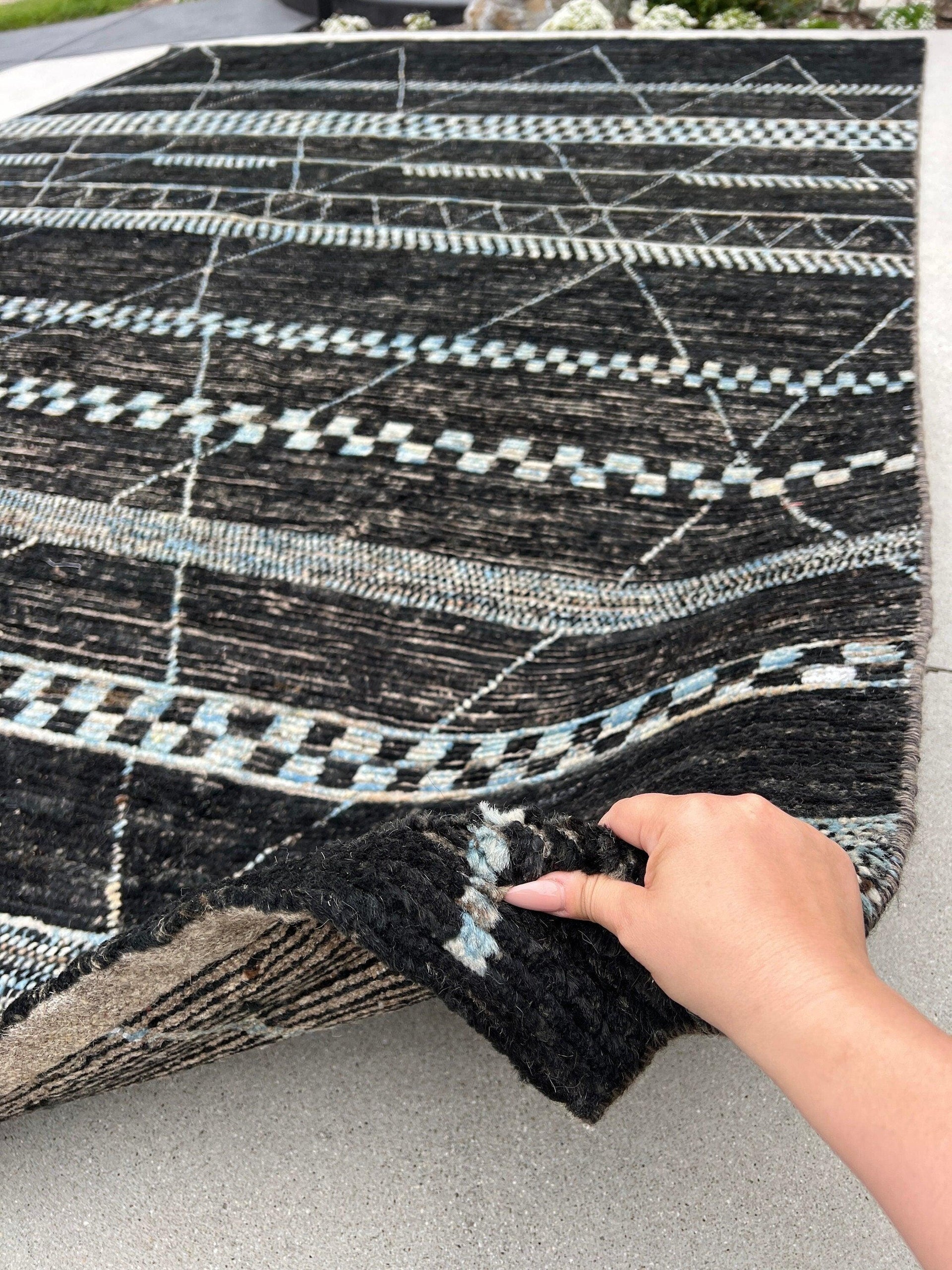 9x12 Handmade Afghan Moroccan Rug | Black Sky Blue Ivory Beige Brown | Berber Beni Plush Ourain Mrirt Turkish Wool Oushak Tufted Woolen Soft