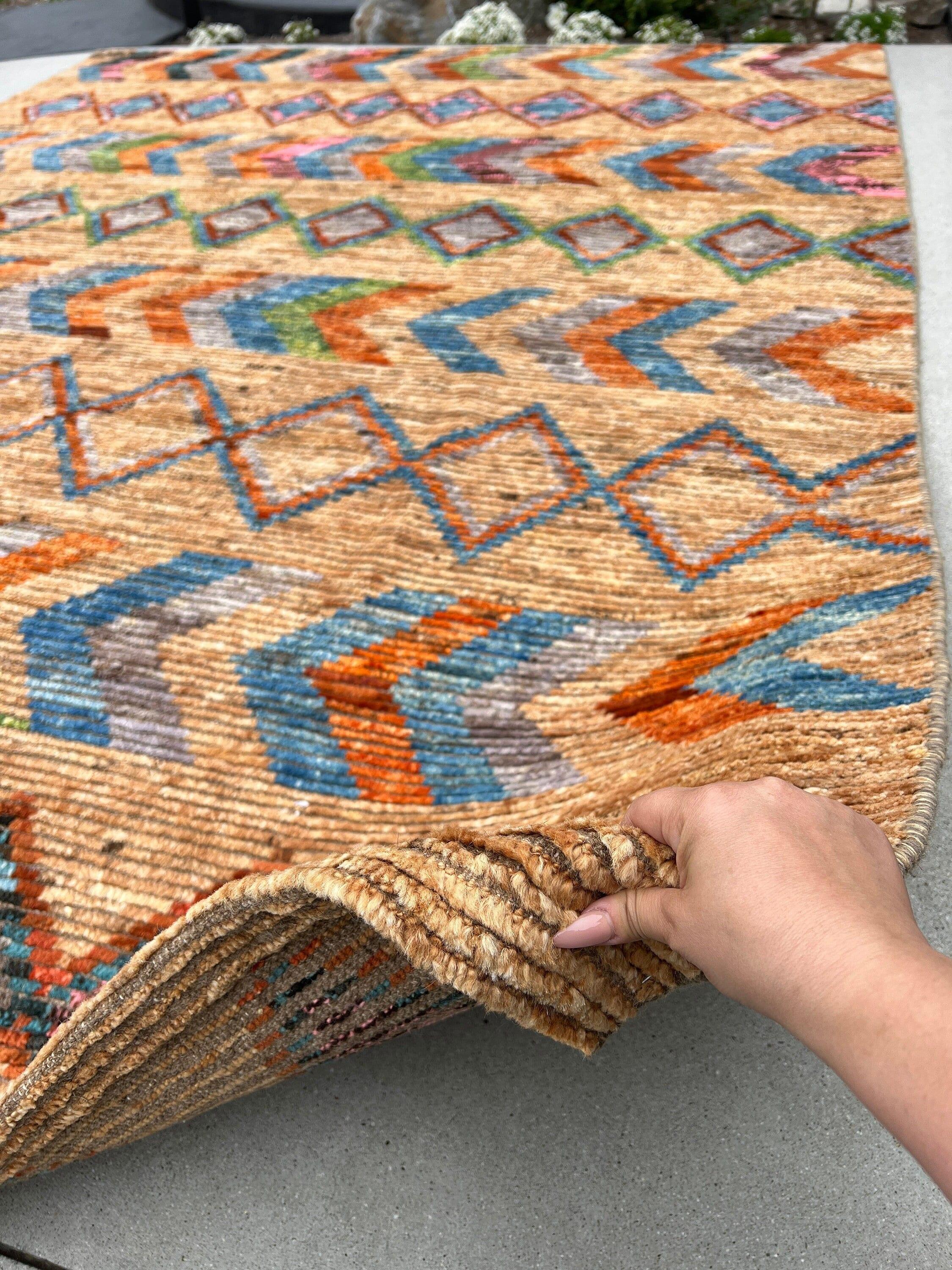 8x10 Handmade Afghan Moroccan Rug | Tan Brown Beige Blue Orange Grey Pink Green Maroon | Berber Beni Oushak Ourain Tufted Bohemian Persian