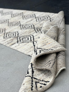 3x16 Handmade Afghan Moroccan Rug | Ivory Creamy Black Grey Brown Beige | Berber Beni Ourain Boujad Flokati Wool Hallway Entryway Stairs