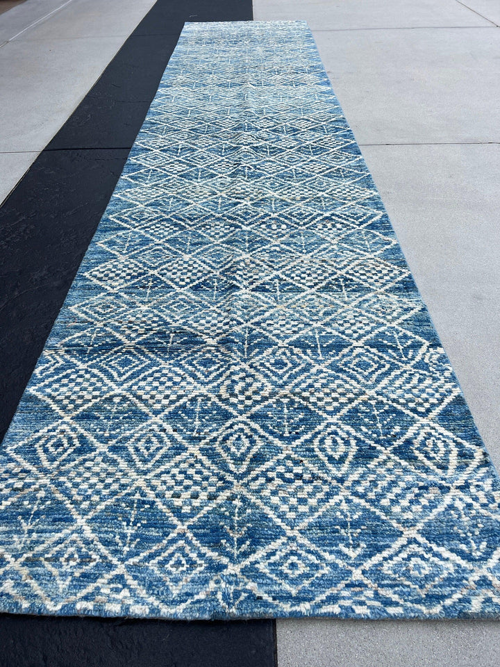 4x19 Handmade Afghan Moroccan Rug | Blue Cream Ivory Grey Brown | Berber Beni Ourain Mrirt Boujad Flokati Wool Hallway Stairs Entryway Plush