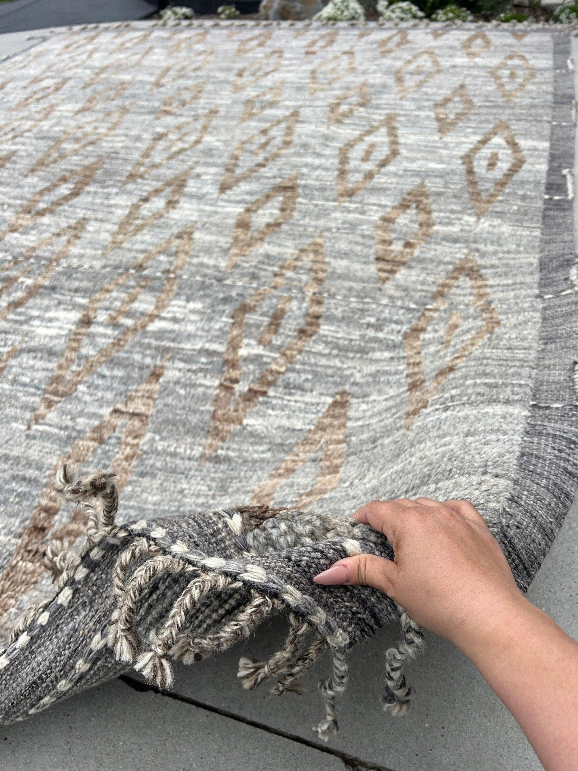 8x11 Handmade Afghan Moroccan Rug | Neutral Grey Gray Brown Ivory White | Berber Beni Plush Ourain Mrirt Turkish Wool Oushak Bohemian Woolen