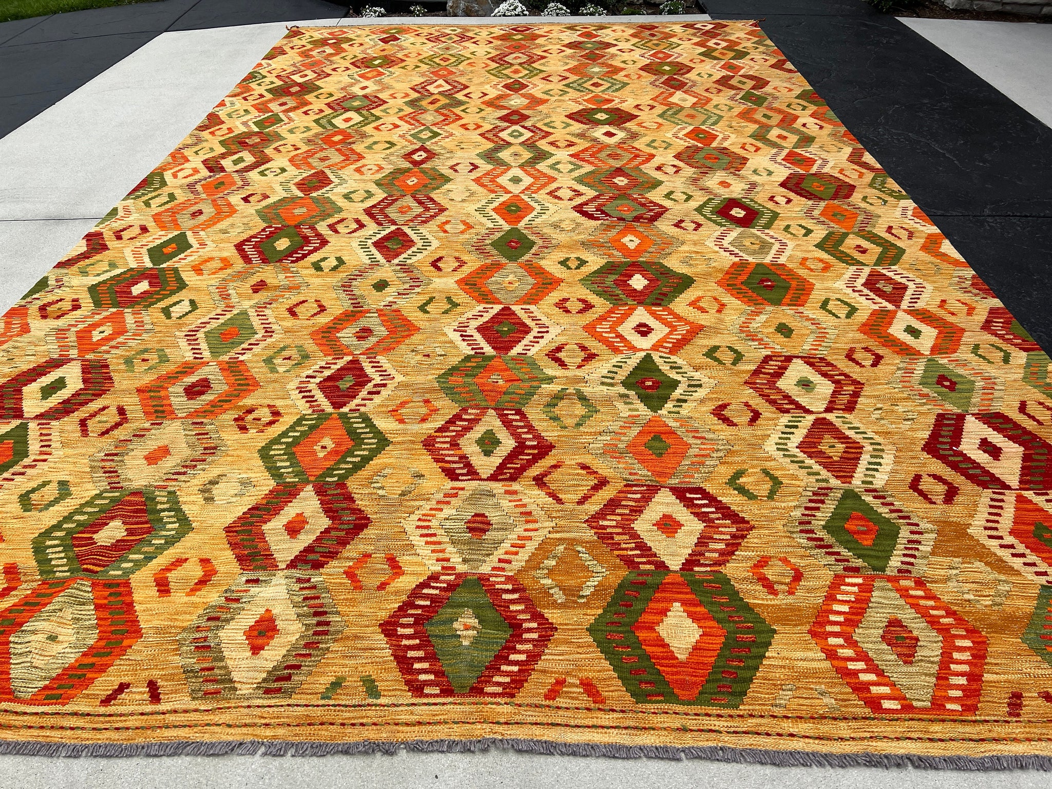 10x17 Handmade Afghan Kilim Rug | Caramel Brown Burnt Orange Olive Green Beige | Flatweave Flatwoven Wool Turkish Oushak Persian Geometric