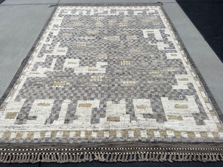 7x10 Handmade Afghan Moroccan Rug | Neutral Grey Gray White Ivory Olive Green Black | Berber Beni Wool Oushak Turkish Wool Persian Shag