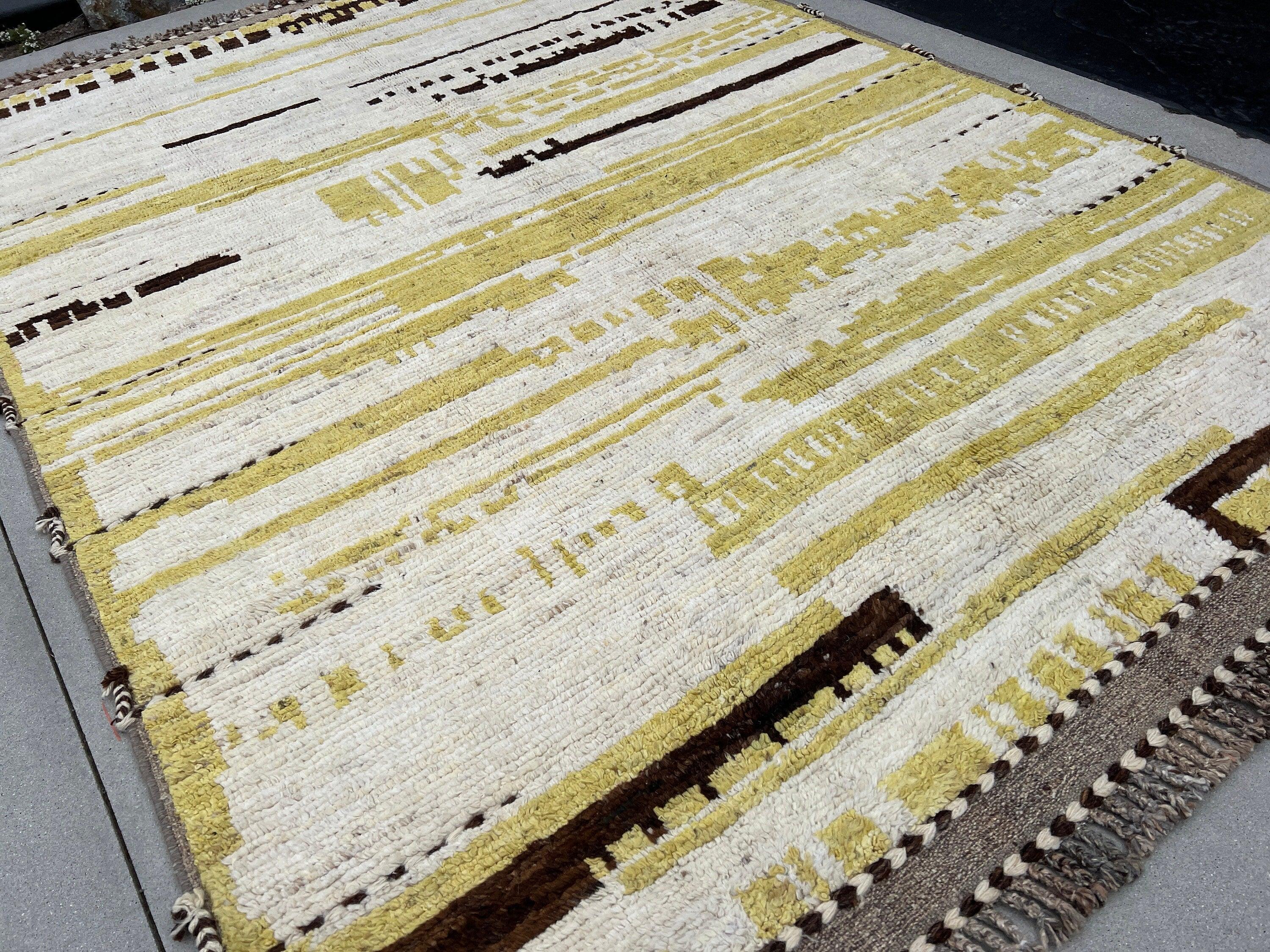 7x10 ~ 7x11 Handmade Afghan Moroccan Rug | Mustard Yellow Ivory Cream Beige Brown Berber Beni Plush Turkish Wool Oushak Ourian Persian Boho