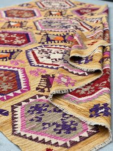 7x10 Handmade Afghan Kilim Rug | Golden Yellow Saffron Orange Pink Indigo Purple Tan Brown Wine Red | Flatweave Wool Persian Outdoor Patio