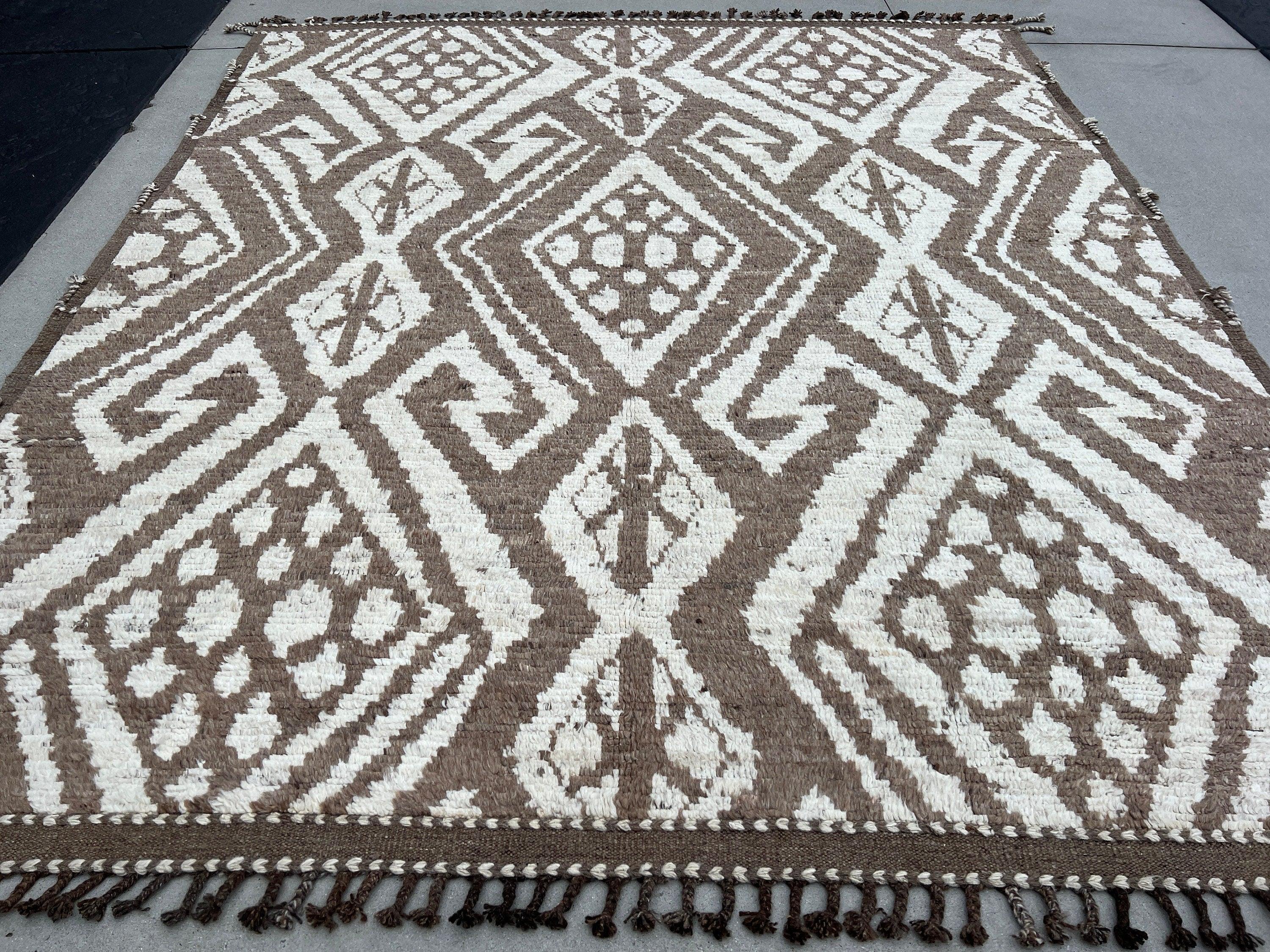 9x10~9x11 Handmade Afghan Moroccan Rug | Neutral Ivory Cream Brown | Berber Beni Plush Turkish Wool Oushak Flokati Ourain Bohemian Persian