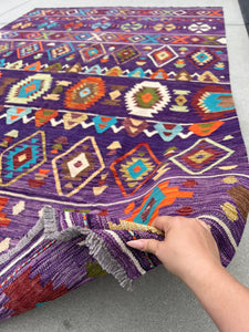 7x10 Handmade Afghan Kilim Rug | Purple Caramel Chocolate Brown Burnt Orange Red Turquoise Blue Ivory Green | Flatweave Wool Outdoor Patio