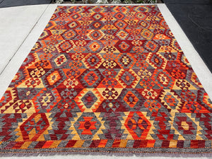 7x10 Handmade Afghan Kilim Rug | Grey Blood Orange Crimson Wine Red Saffron | Flatweave Wool Persian Turkish Oushak Outdoor Patio