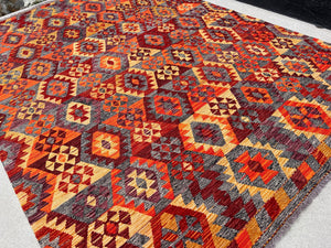 7x10 Handmade Afghan Kilim Rug | Grey Blood Orange Crimson Wine Red Saffron | Flatweave Wool Persian Turkish Oushak Outdoor Patio