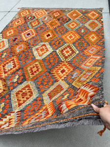 7x10 Handmade Afghan Kilim Rug | Grey Gray Burnt Orange Olive Green Brown Sky Baby Blue | Flatweave Wool Turkish Oushak Outdoor Patio