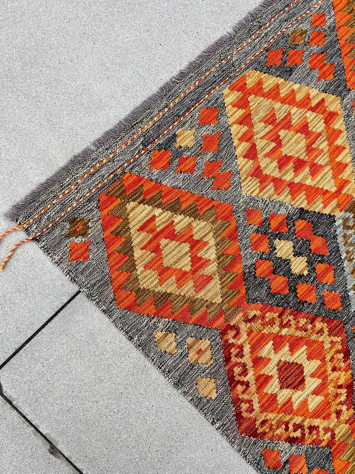 7x10 Handmade Afghan Kilim Rug | Grey Gray Burnt Orange Olive Green Brown Sky Baby Blue | Flatweave Wool Turkish Oushak Outdoor Patio