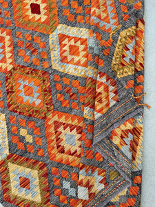 7x10 Handmade Afghan Kilim Rug | Grey Gray Burnt Orange Olive Green Brown Sky Baby Blue | Flatweave Wool Turkish Oushak Outdoor Patio