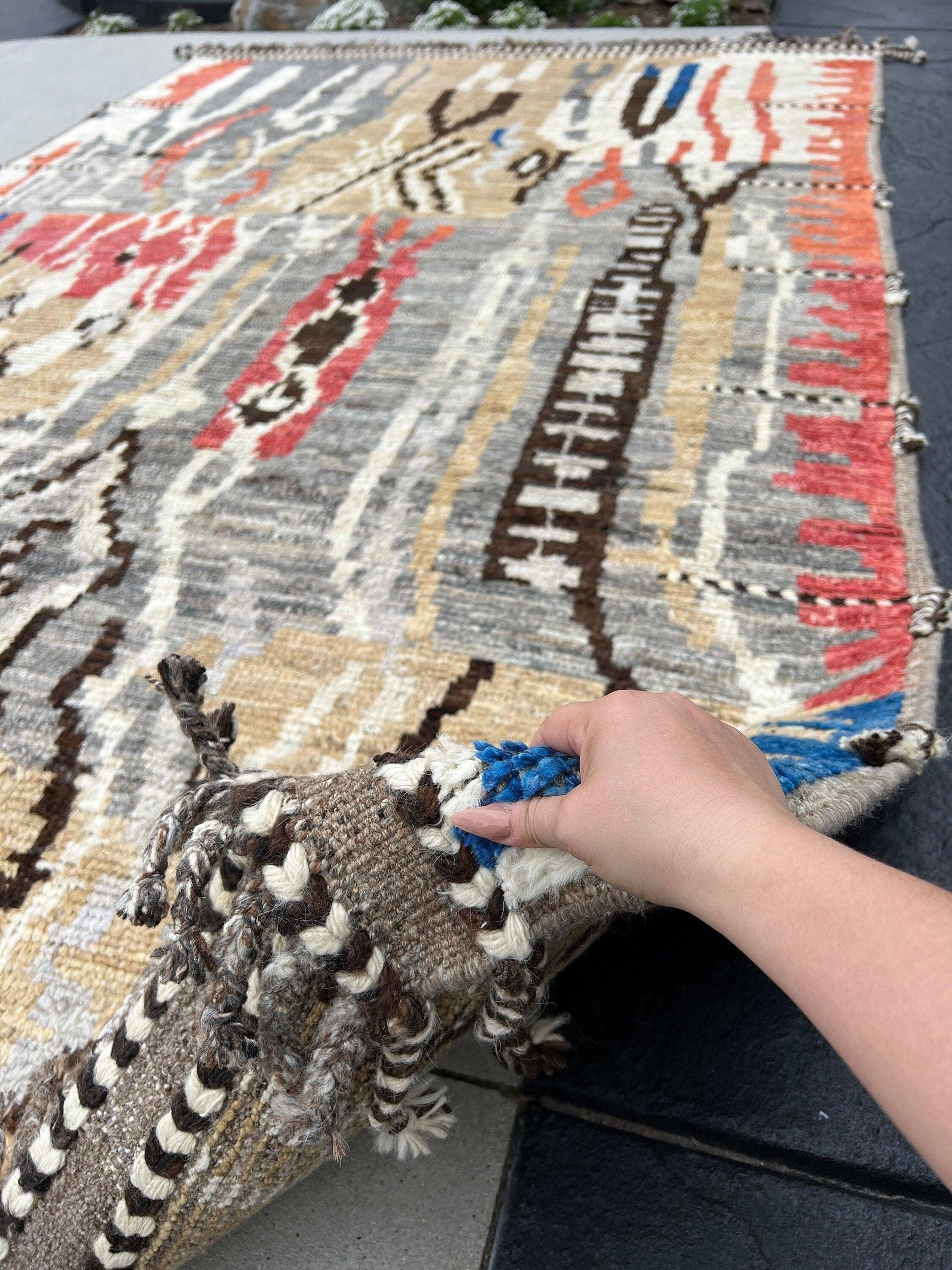 7x11 Handmade Afghan Moroccan Rug | Tan Coffee Brown Black Red Burnt Orange Ivory Cream White Blue | Berber Beni Plush Turkish Wool Oushak