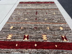 7x10 Handmade Afghan Moroccan Rug | Brown Red Maroon Beige Black Grey Ivory | Berber Beni Plush Ourain Boujad Persian Tufted Wool Flokati