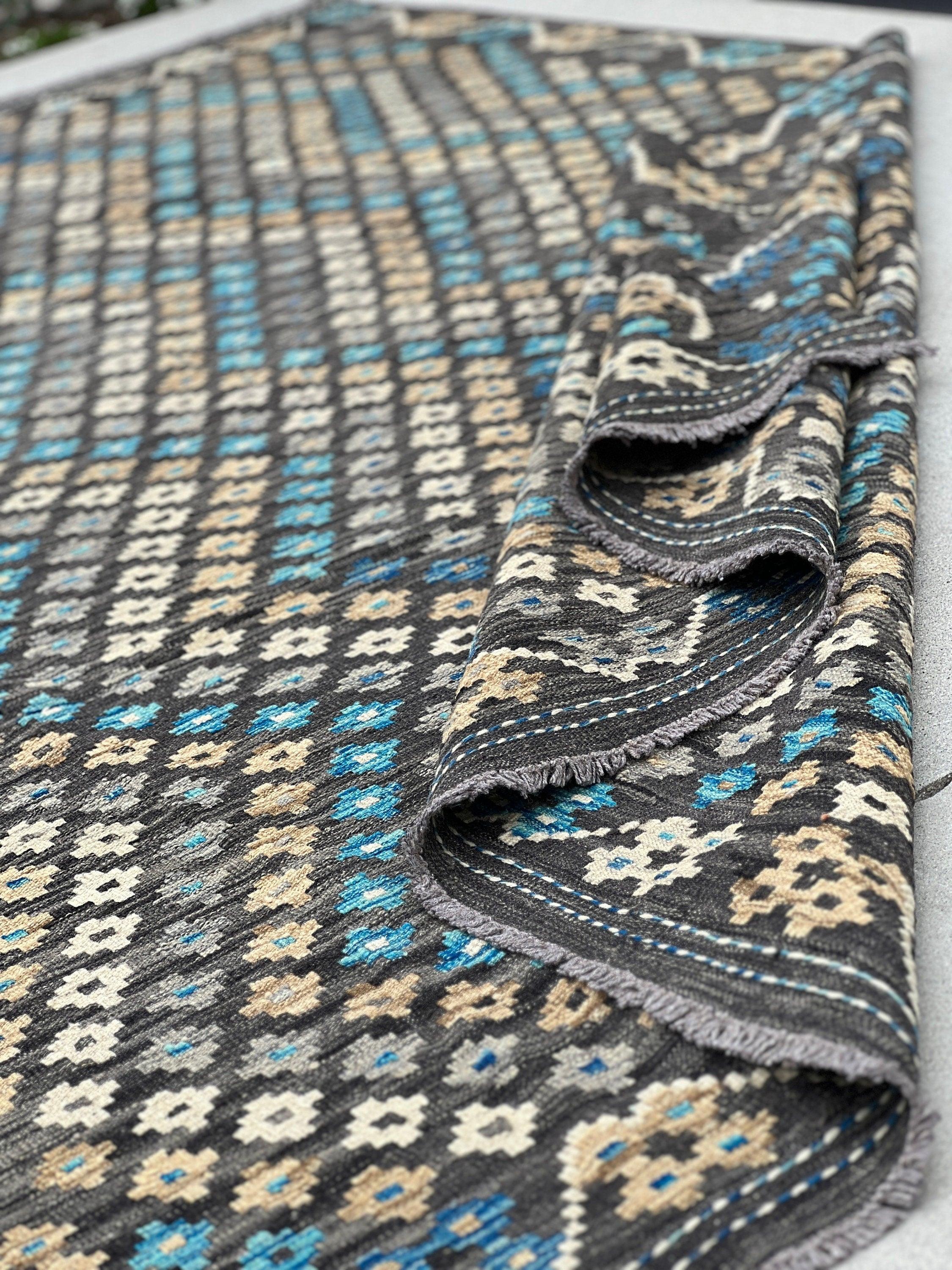 7x10 Handmade Afghan Kilim Rug | Charcoal Black Grey Tan Brown Blue | Flatweave Flat Woven Wool Persian Turkish Oushak Outdoor Patio