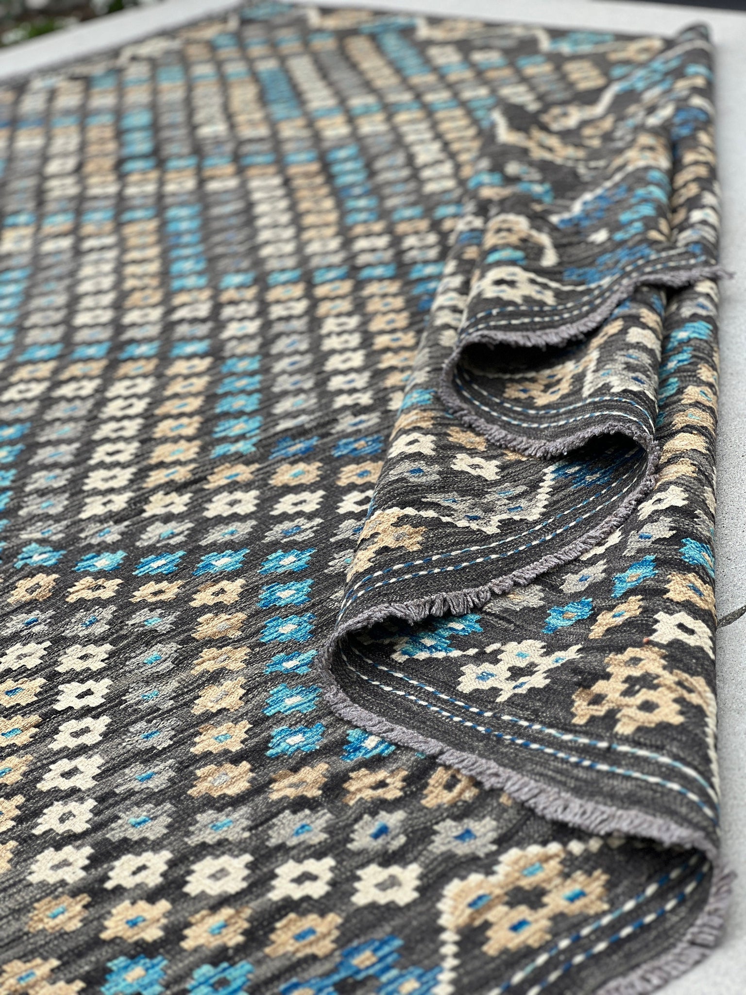 7x10 Handmade Afghan Kilim Rug | Charcoal Black Grey Gray Tan Mocha Brown Denim Blue Cream Beige | Flatweave Wool Oushak Outdoor Patio