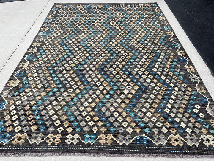 7x10 Handmade Afghan Kilim Rug | Charcoal Black Grey Tan Brown Blue | Flatweave Flat Woven Wool Persian Turkish Oushak Outdoor Patio