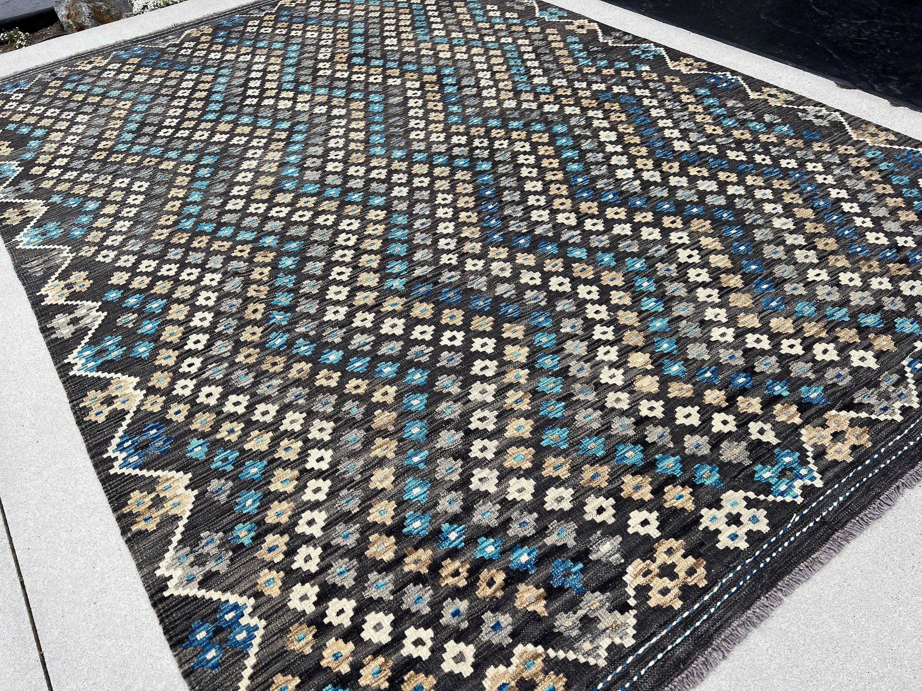 7x10 Handmade Afghan Kilim Rug | Charcoal Black Grey Tan Brown Blue | Flatweave Flat Woven Wool Persian Turkish Oushak Outdoor Patio