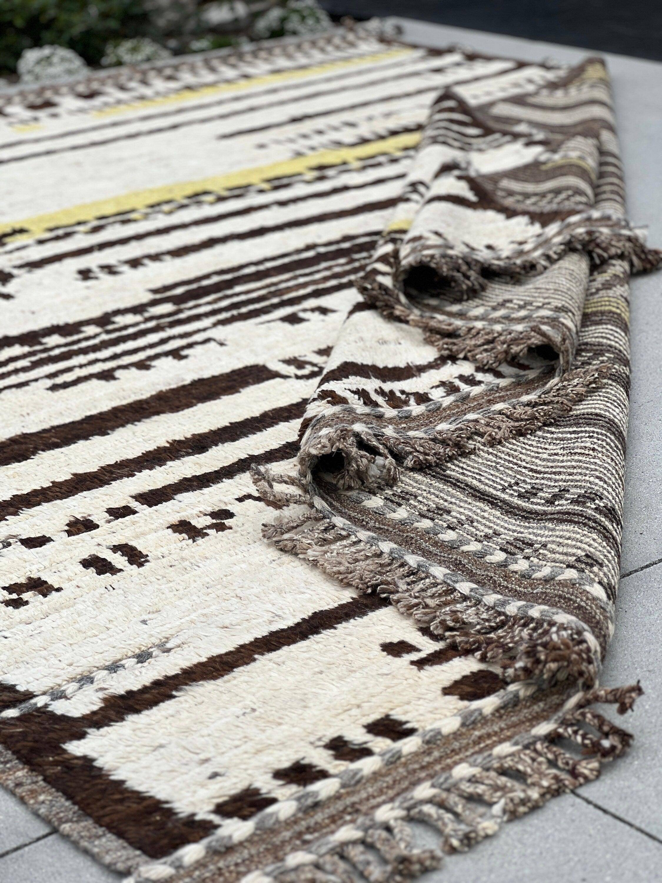 9x11 Handmade Afghan Moroccan Rug | Ivory Cream Yellow Beige Dark Chocolate Brown | Berber Beni Plush Turkish Wool Oushak Flokati Abstract