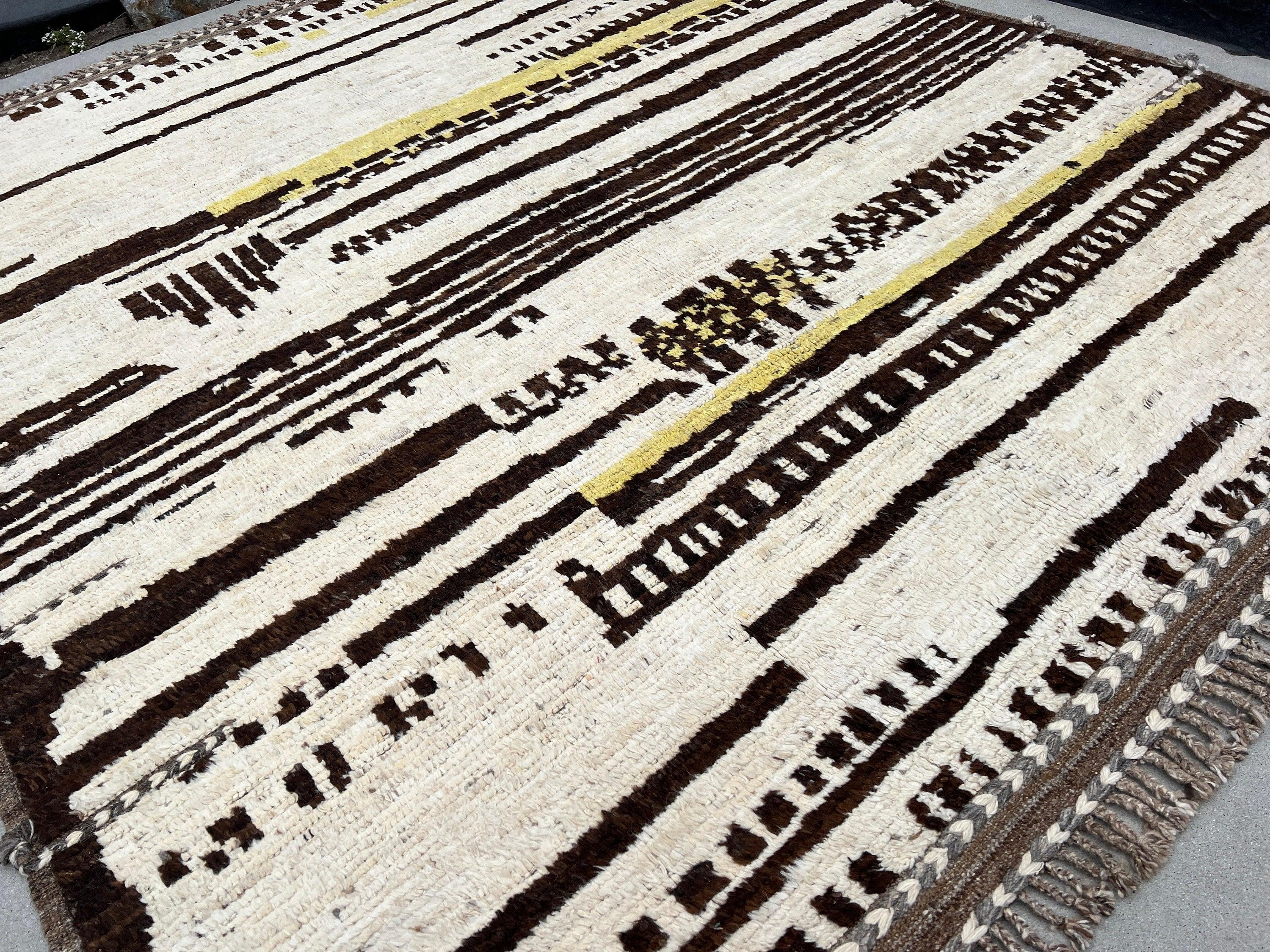 9x11 Handmade Afghan Moroccan Rug | Ivory Cream Yellow Beige Dark Chocolate Brown | Berber Beni Plush Turkish Wool Oushak Flokati Abstract