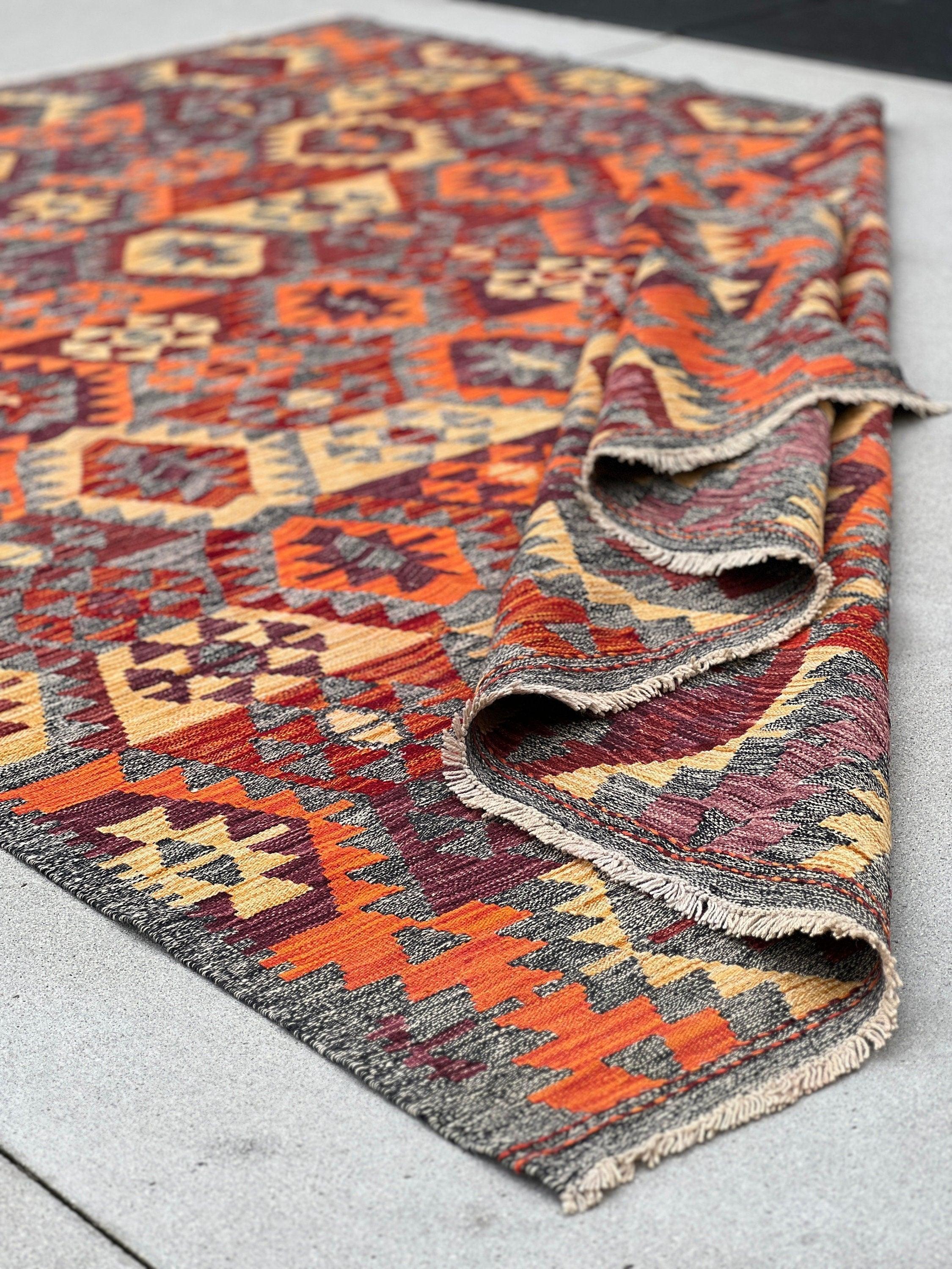 7x10 Handmade Afghan Kilim Rug | Grey Blood Orange Crimson Grape Wine Red Saffron| Flatweave Wool Persian Turkish Oushak Outdoor Patio