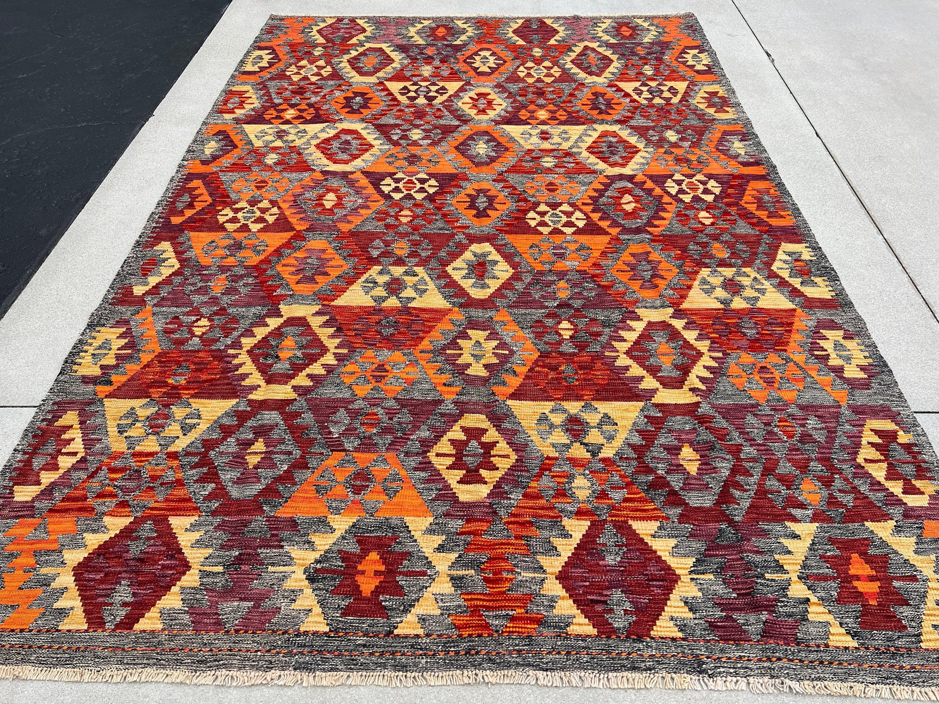 7x10 Handmade Afghan Kilim Rug | Grey Blood Orange Crimson Grape Wine Red Saffron| Flatweave Wool Persian Turkish Oushak Outdoor Patio