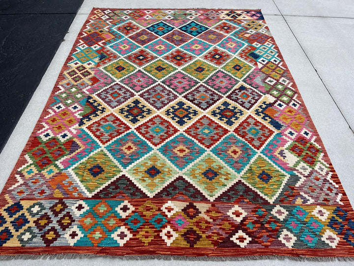 7x10 Handmade Afghan Kilim Rug | Red Pink Turquoise Teal Purple Grey Beige Golden Yellow Blue Green Burnt Orange | Flatweave Wool Outdoor