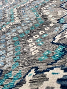 6x8 Handmade Afghan Kilim Rug | Grey Gray Midnight Navy Blue Turquoise Ivory White | Flatweave Bohemian Wool Oushak Turkish Outdoor Patio