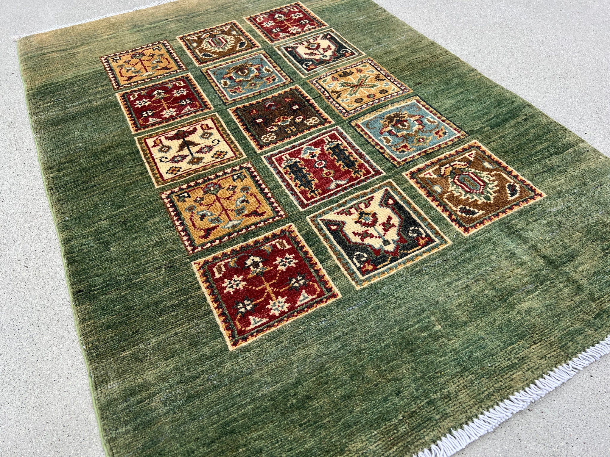 3x4 (100x180) Handmade Afghan Rug | Moss Green Maroon Red Beige Golden Brown Turquoise Denim Blue | Wool Hand Knotted Oushak Bohemian Floral