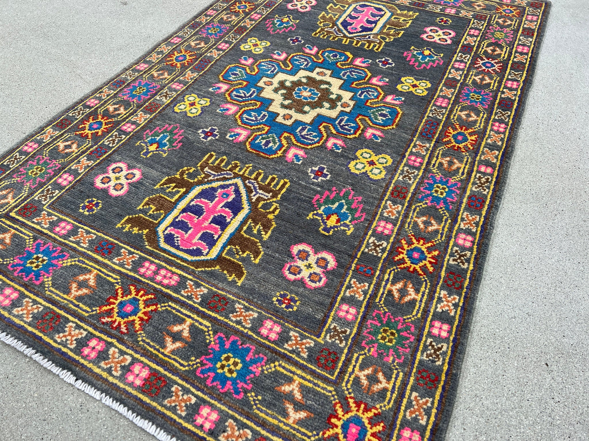 3x4 (90x120) Handmade Afghan Rug | Grey Rose Pink Yellow Brown Blue Ivory Beige Red Orange Green | Hand Knotted Bohemian Persian Oushak Wool