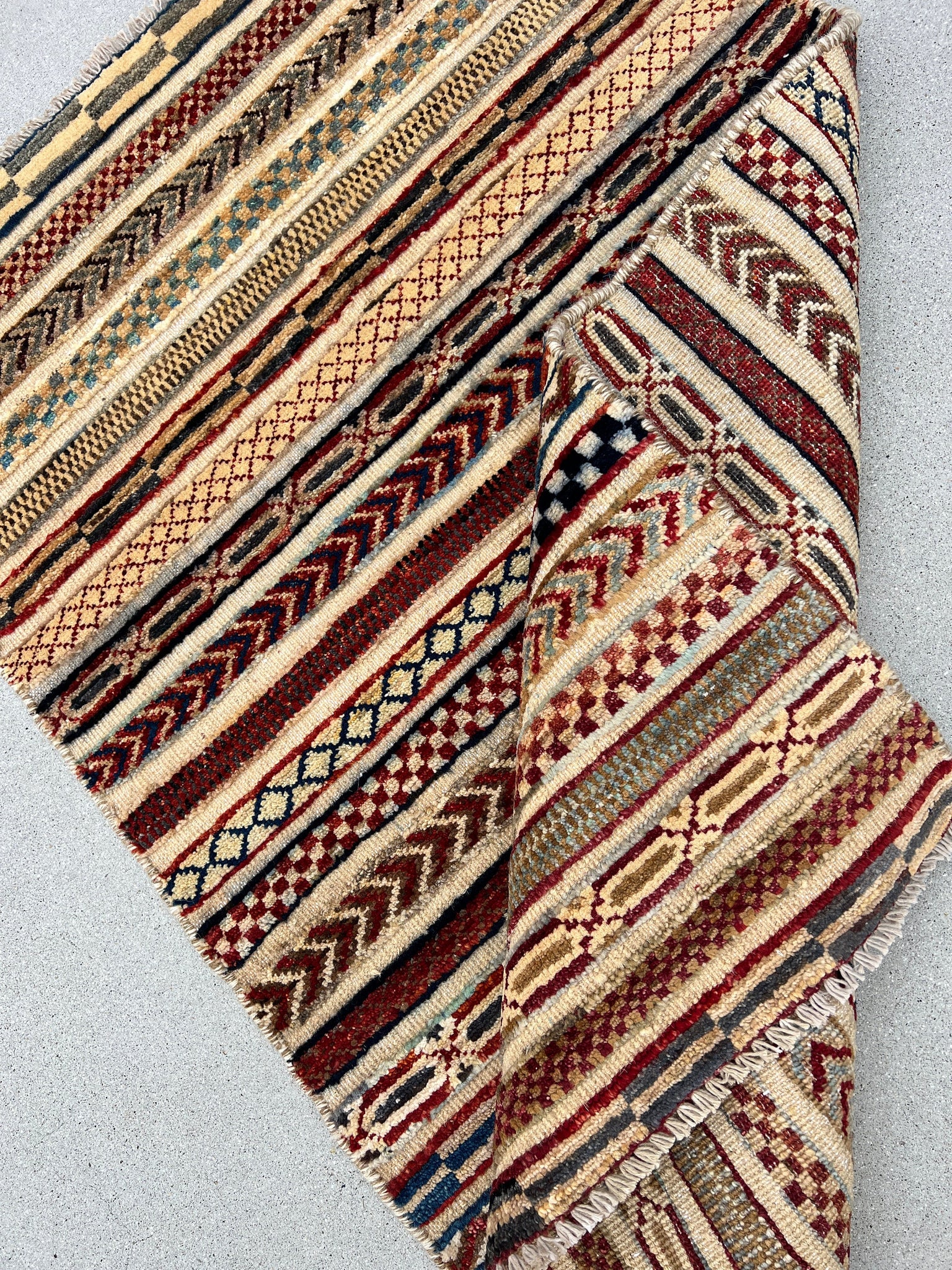 3x4 (215x305) Handmade Afghan Rug | Corsilk Yellow Taupe Tan Chocolate Mocha Brown Blood Red Blue Orange Grey | Hand Knotted Wool Striped