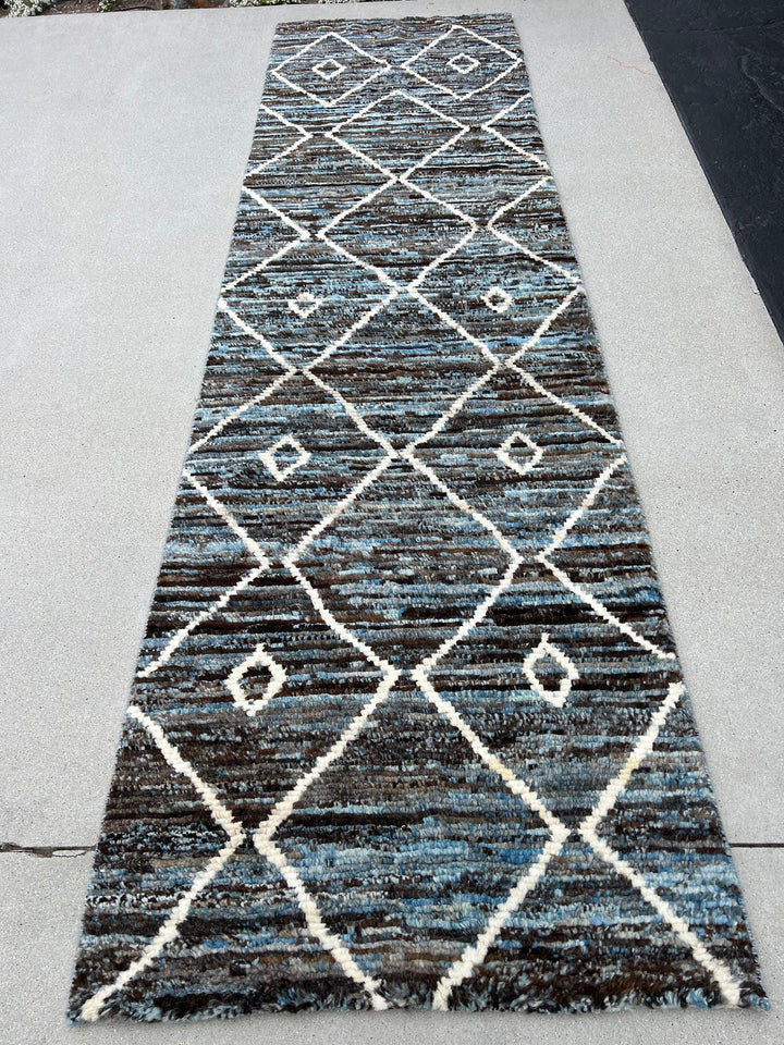 3x10 Handmade Afghan Moroccan Rug Runner | Black Brown Blue Ivory | Berber Beni Ourain Mrirt Boujad Plush Wool Tufted Diamond Woolen Boho