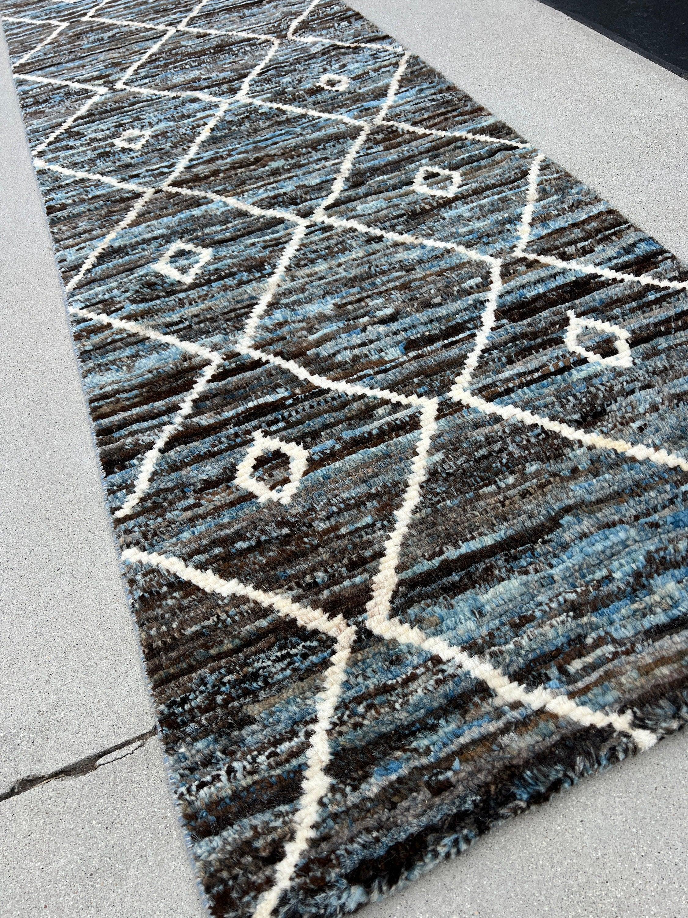 3x10 Handmade Afghan Moroccan Rug Runner | Black Brown Blue Ivory | Berber Beni Ourain Mrirt Boujad Plush Wool Tufted Diamond Woolen Boho