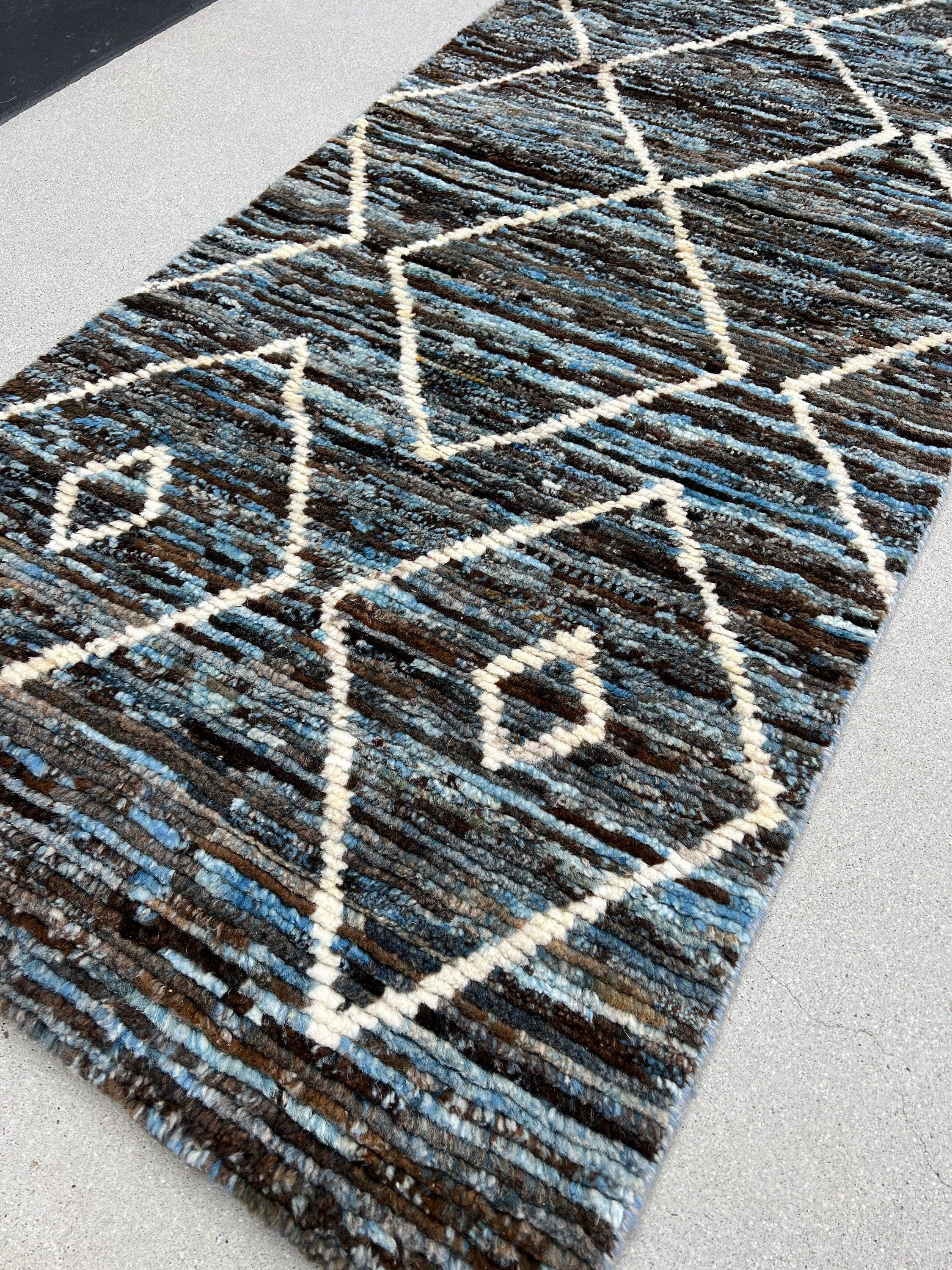 3x10 Handmade Afghan Moroccan Rug Runner | Black Brown Blue Ivory | Berber Beni Ourain Mrirt Boujad Plush Wool Tufted Diamond Woolen Boho