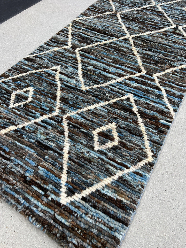 3x10 Handmade Afghan Moroccan Rug Runner | Black Brown Blue Ivory | Berber Beni Ourain Mrirt Boujad Plush Wool Tufted Diamond Woolen Boho