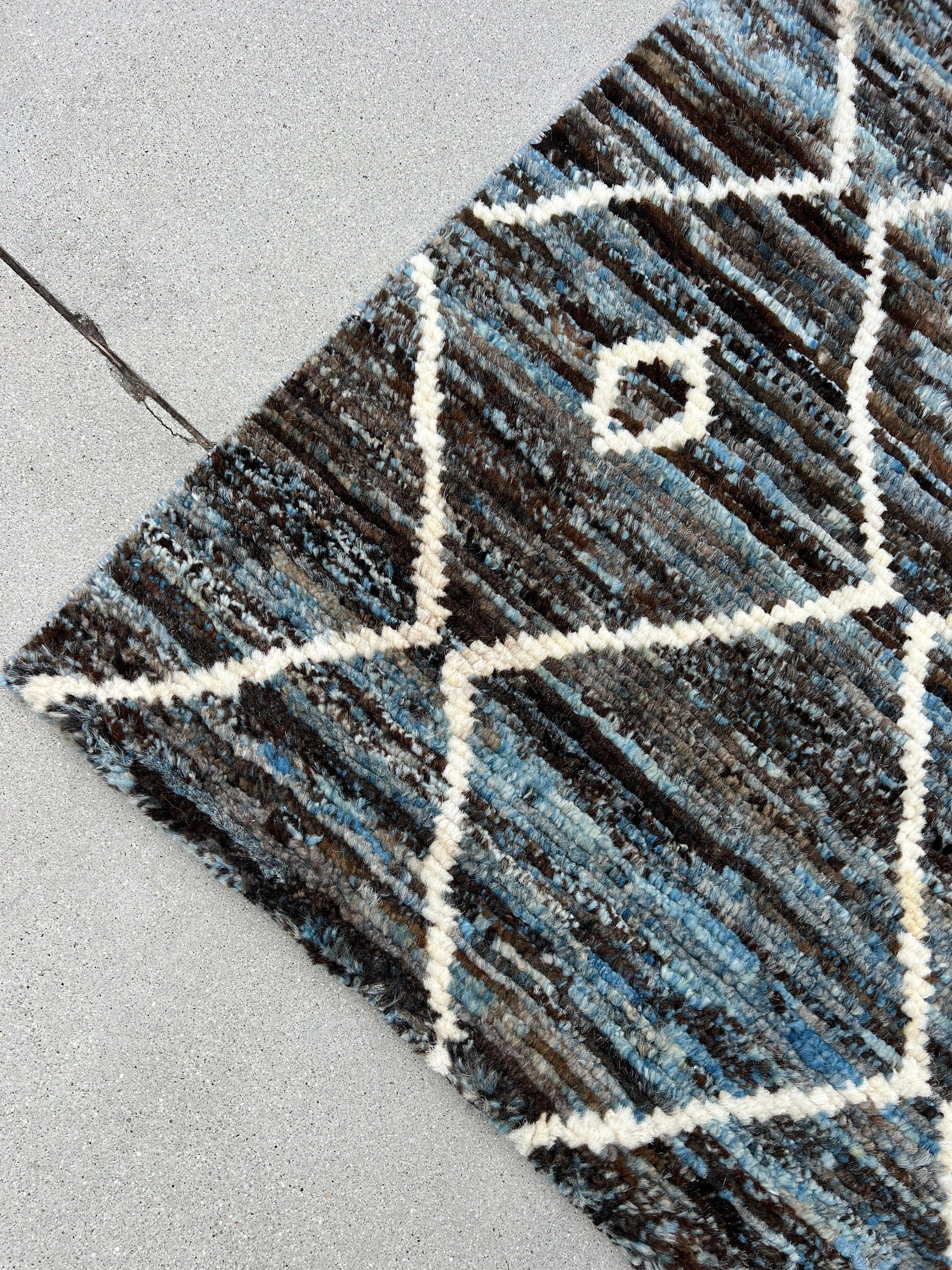 3x10 Handmade Afghan Moroccan Rug Runner | Black Brown Blue Ivory | Berber Beni Ourain Mrirt Boujad Plush Wool Tufted Diamond Woolen Boho