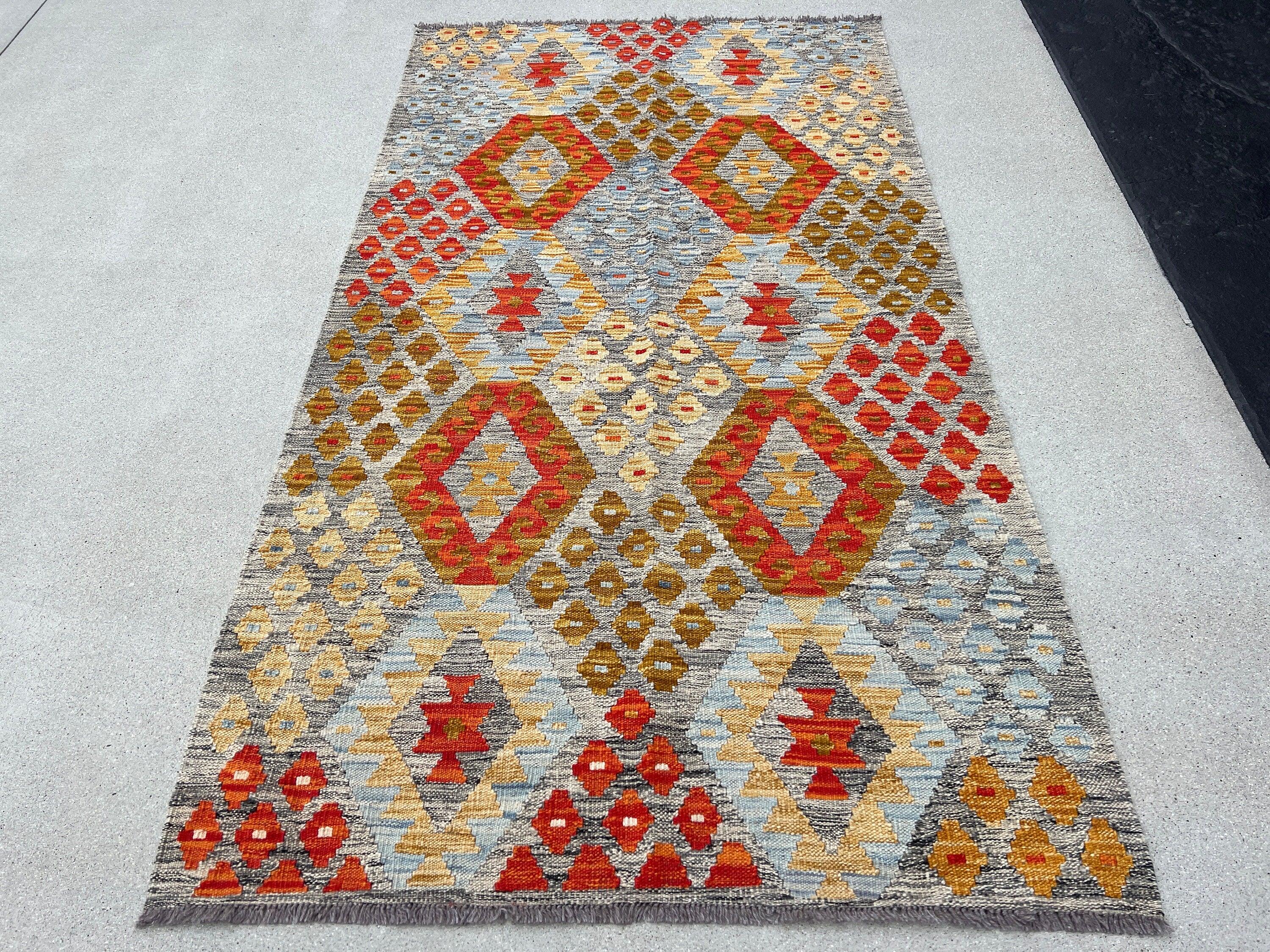 4x7 (120x215) Handmade Afghan Kilim Rug | Grey Burnt Orange Tan Golden Brown Sky Blue | Flatwoven Flatweave Persian Bohemian Geometric Wool