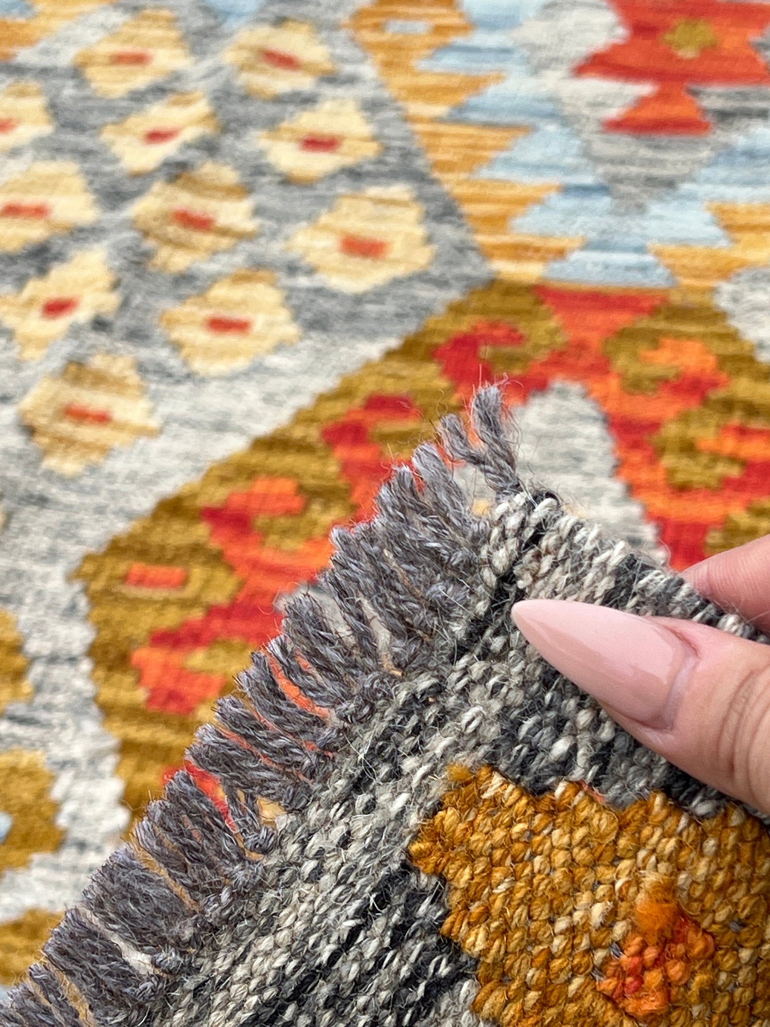4x7 (120x215) Handmade Afghan Kilim Rug | Grey Burnt Orange Tan Golden Brown Sky Blue | Flatwoven Flatweave Persian Bohemian Geometric Wool