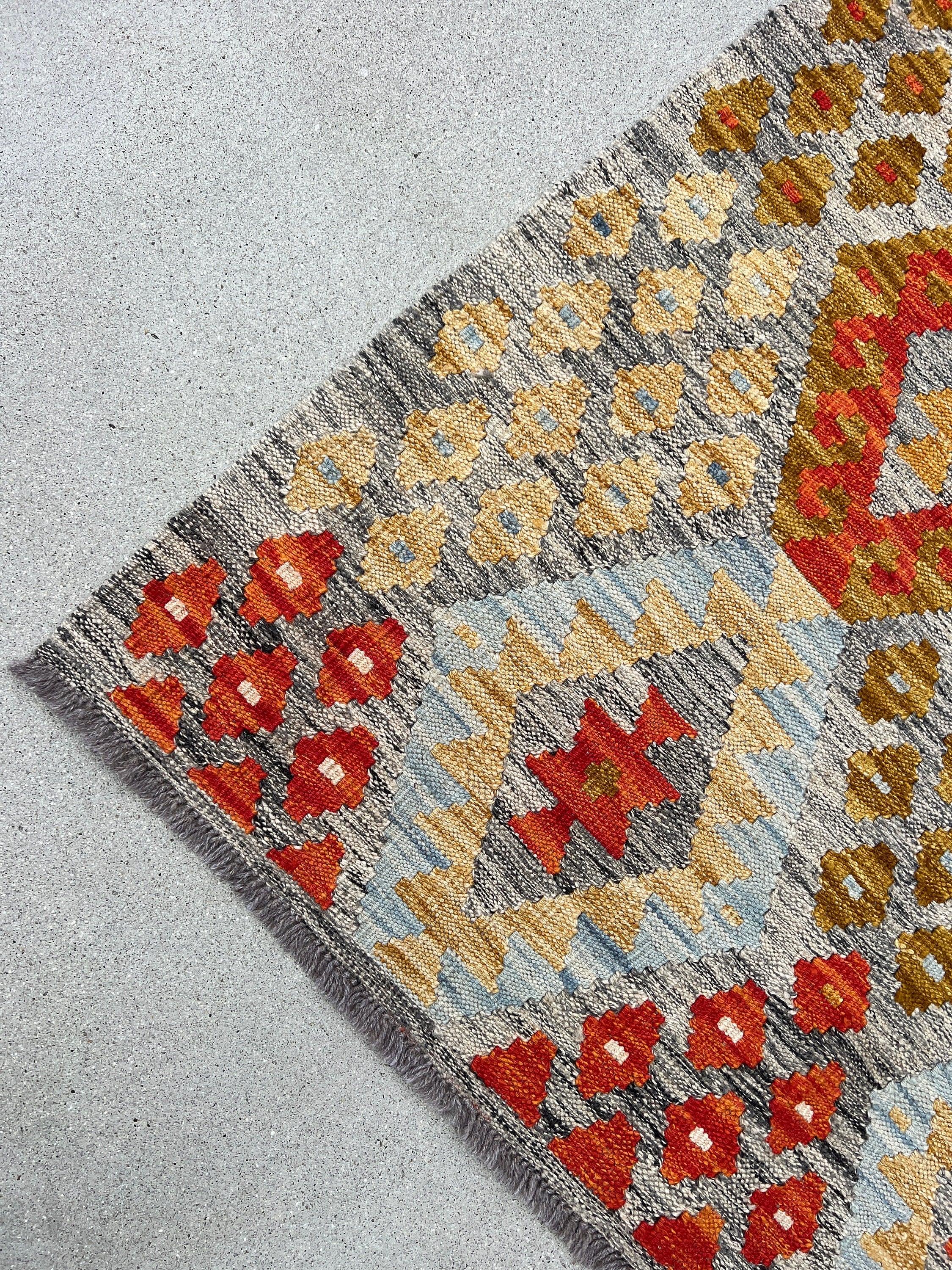 4x7 (120x215) Handmade Afghan Kilim Rug | Grey Burnt Orange Tan Golden Brown Sky Blue | Flatwoven Flatweave Persian Bohemian Geometric Wool