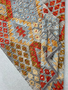 4x7 (120x215) Handmade Afghan Kilim Rug | Grey Burnt Orange Tan Golden Brown Sky Blue | Flatwoven Flatweave Persian Bohemian Geometric Wool