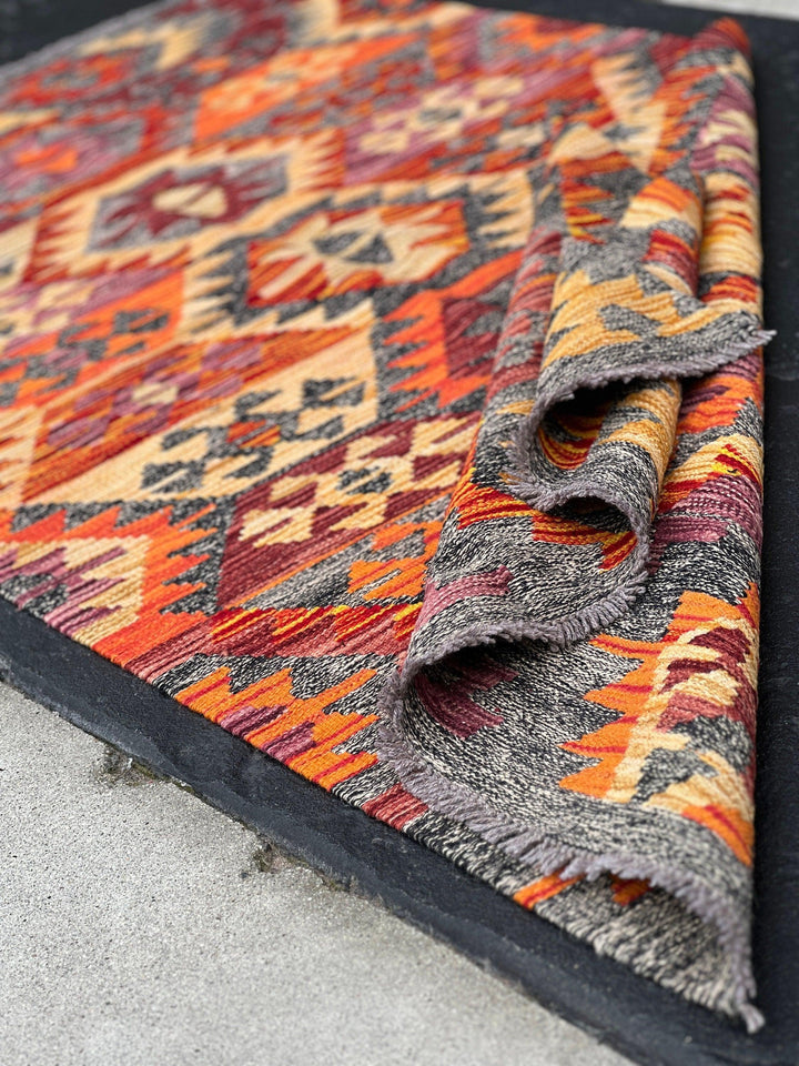 4x7 (120x215) Handmade Afghan Kilim Rug | Grey Burnt Fire Orange Wine Red Golden Yellow Eggplant Purple | Flatweave Persian Oriental Wool