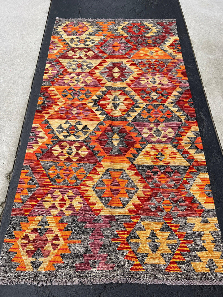 4x7 (120x215) Handmade Afghan Kilim Rug | Grey Burnt Fire Orange Wine Red Golden Yellow Eggplant Purple | Flatweave Persian Oriental Wool